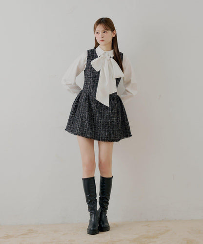 【SALON by Chico】呢料側褶皺喇叭迷你連衣裙