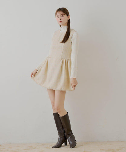 【SALON by Chico】呢料側褶皺喇叭迷你連衣裙