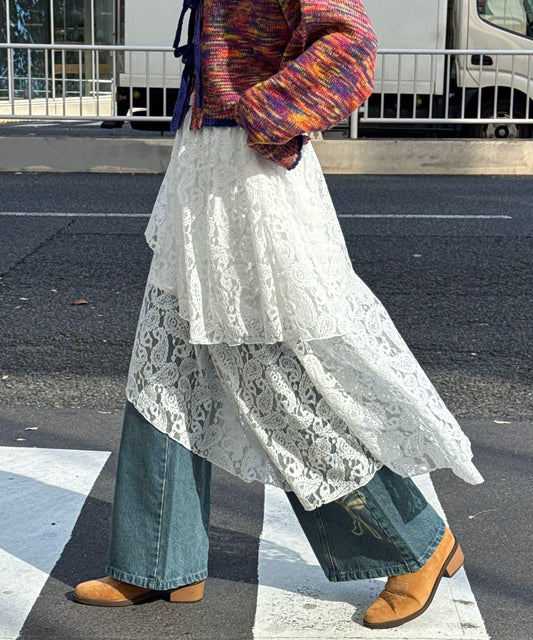 不對稱下襬混合圖案中長裙