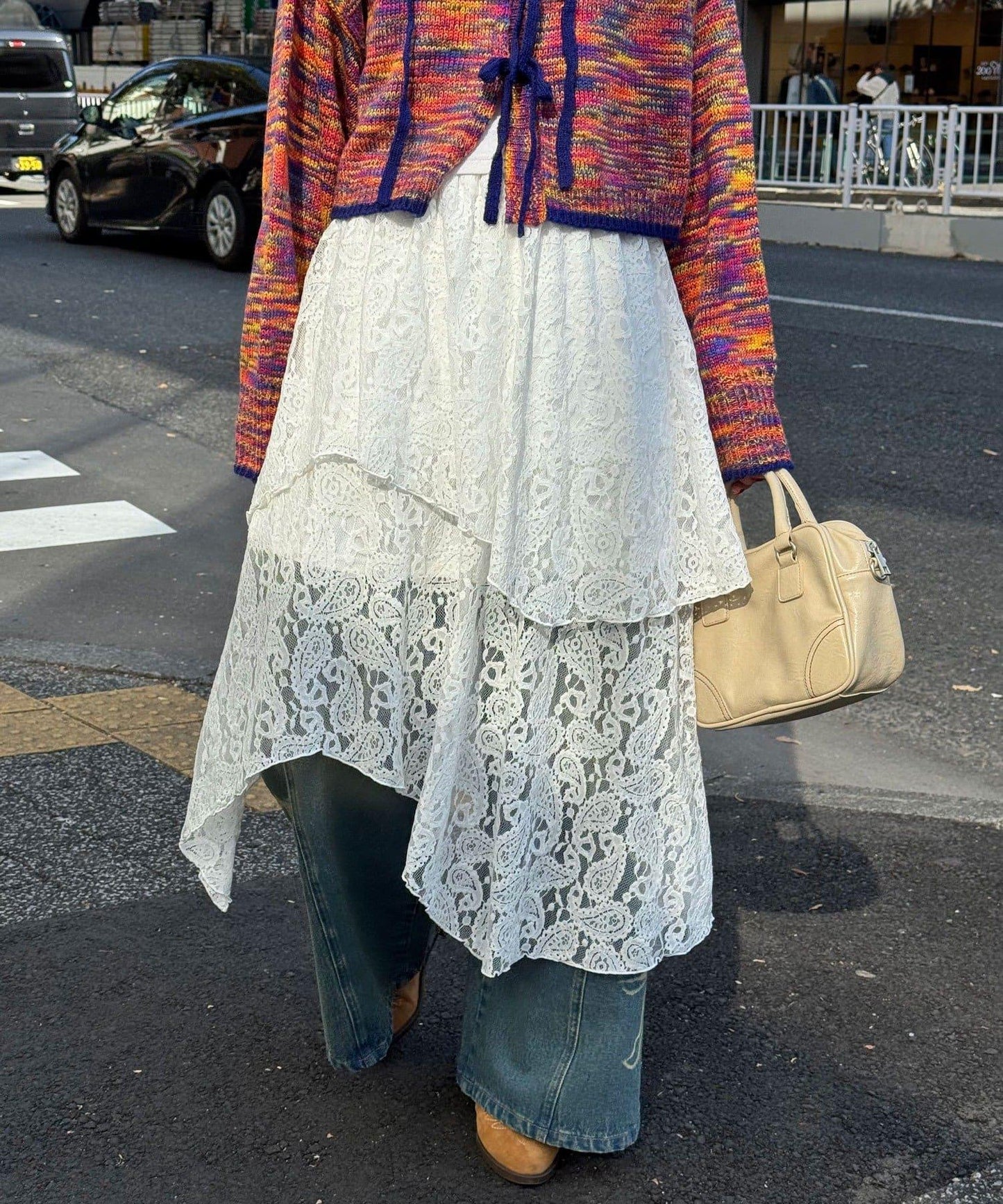 不對稱下襬混合圖案中長裙