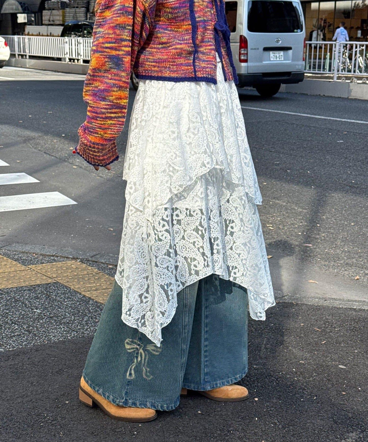 不對稱下襬混合圖案中長裙