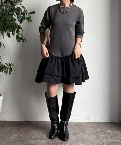 下襬荷葉邊拼接異材質迷你連衣裙