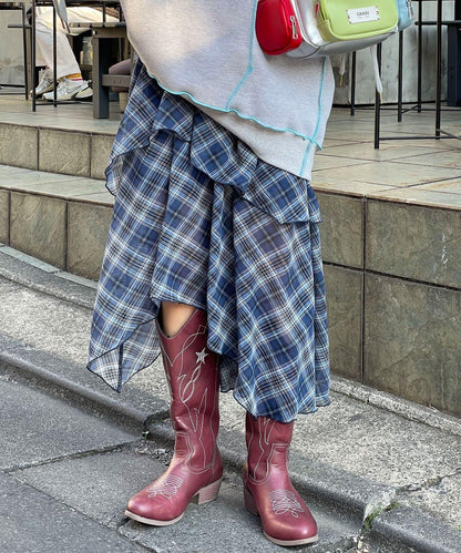 不對稱下襬混合圖案中長裙