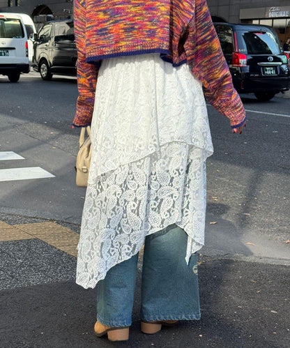 不對稱下襬混合圖案中長裙