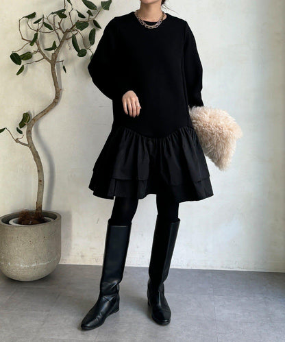 下襬荷葉邊拼接異材質迷你連衣裙