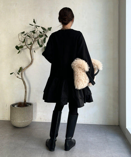 下襬荷葉邊拼接異材質迷你連衣裙