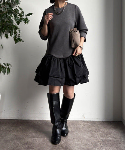 下襬荷葉邊拼接異材質迷你連衣裙