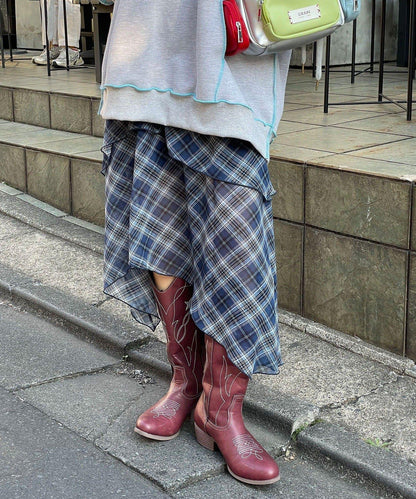 不對稱下襬混合圖案中長裙