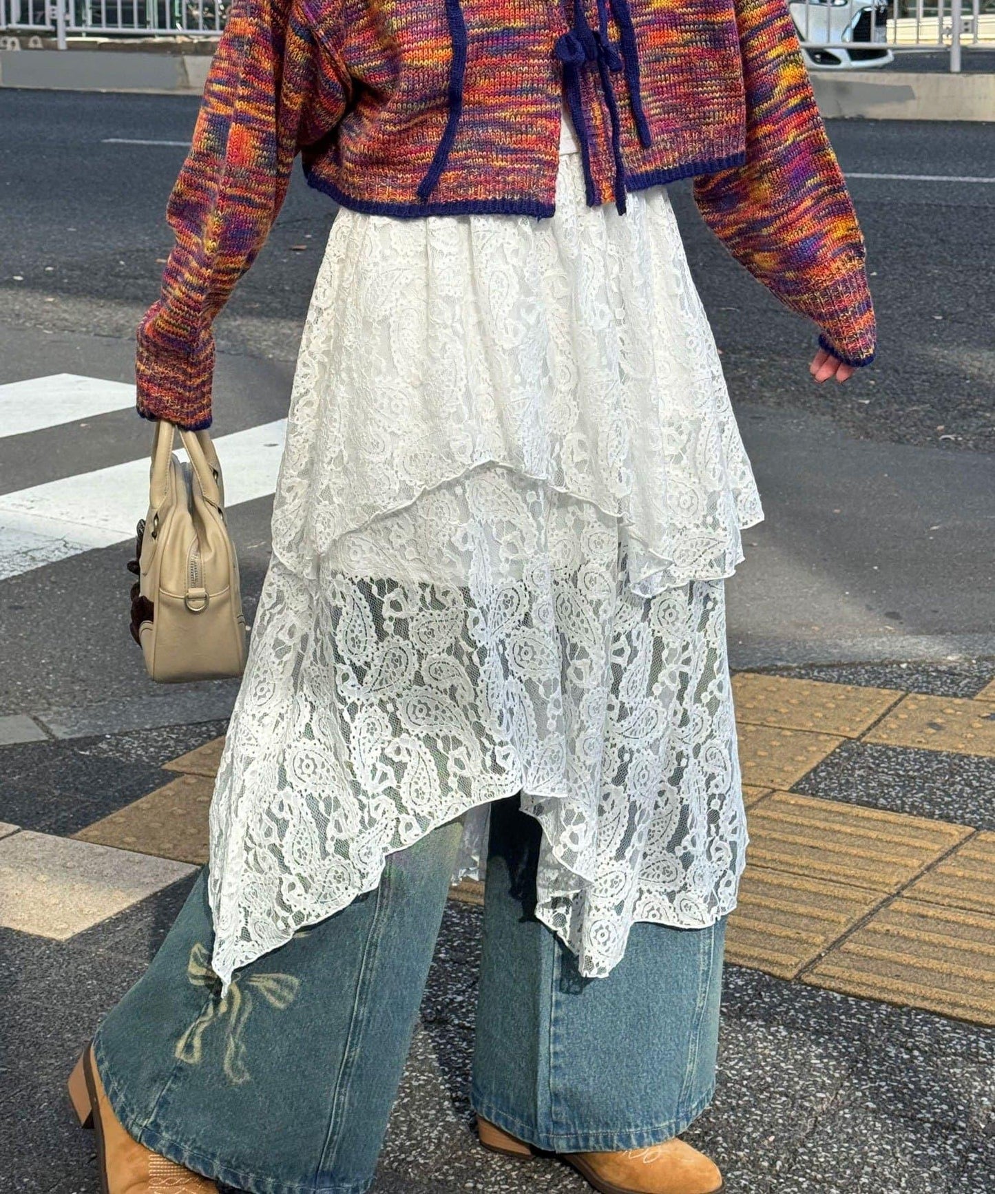 不對稱下襬混合圖案中長裙