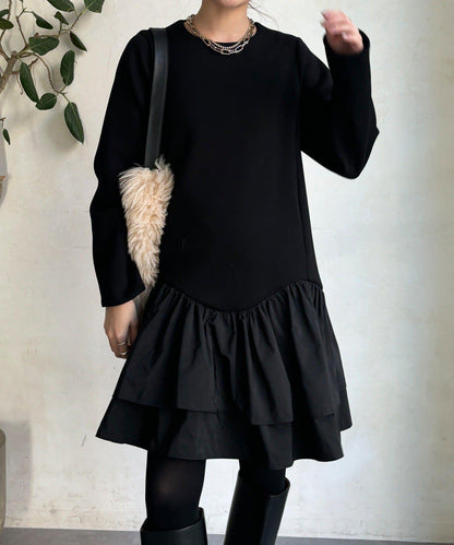 下襬荷葉邊拼接異材質迷你連衣裙