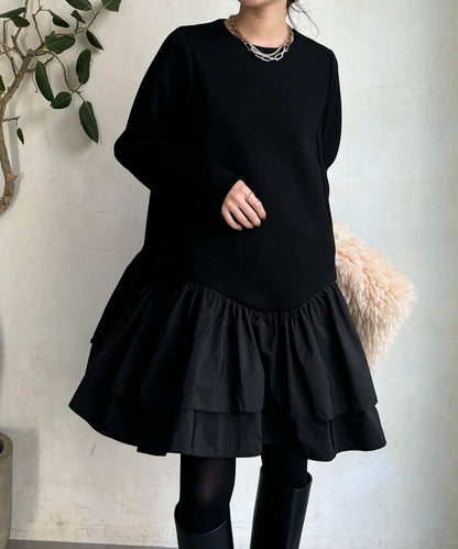 下襬荷葉邊拼接異材質迷你連衣裙