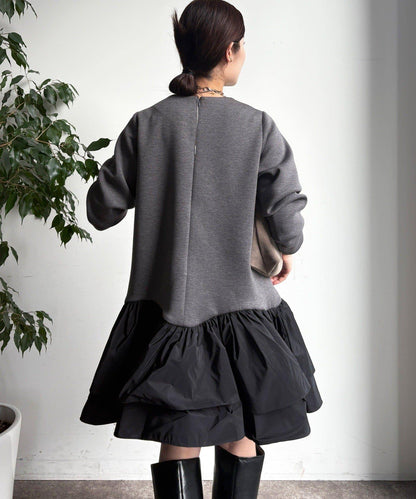 下襬荷葉邊拼接異材質迷你連衣裙