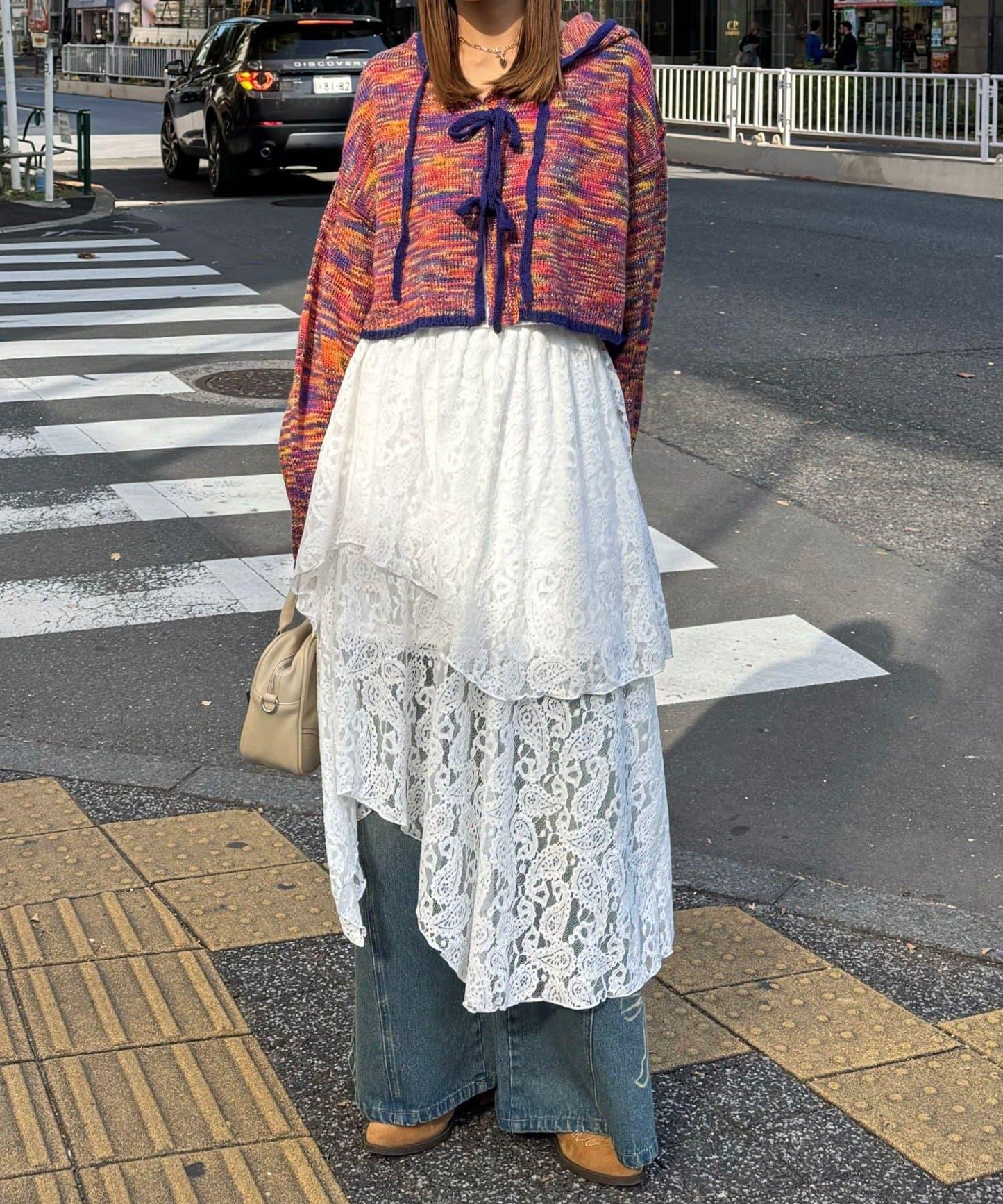 不對稱下襬混合圖案中長裙