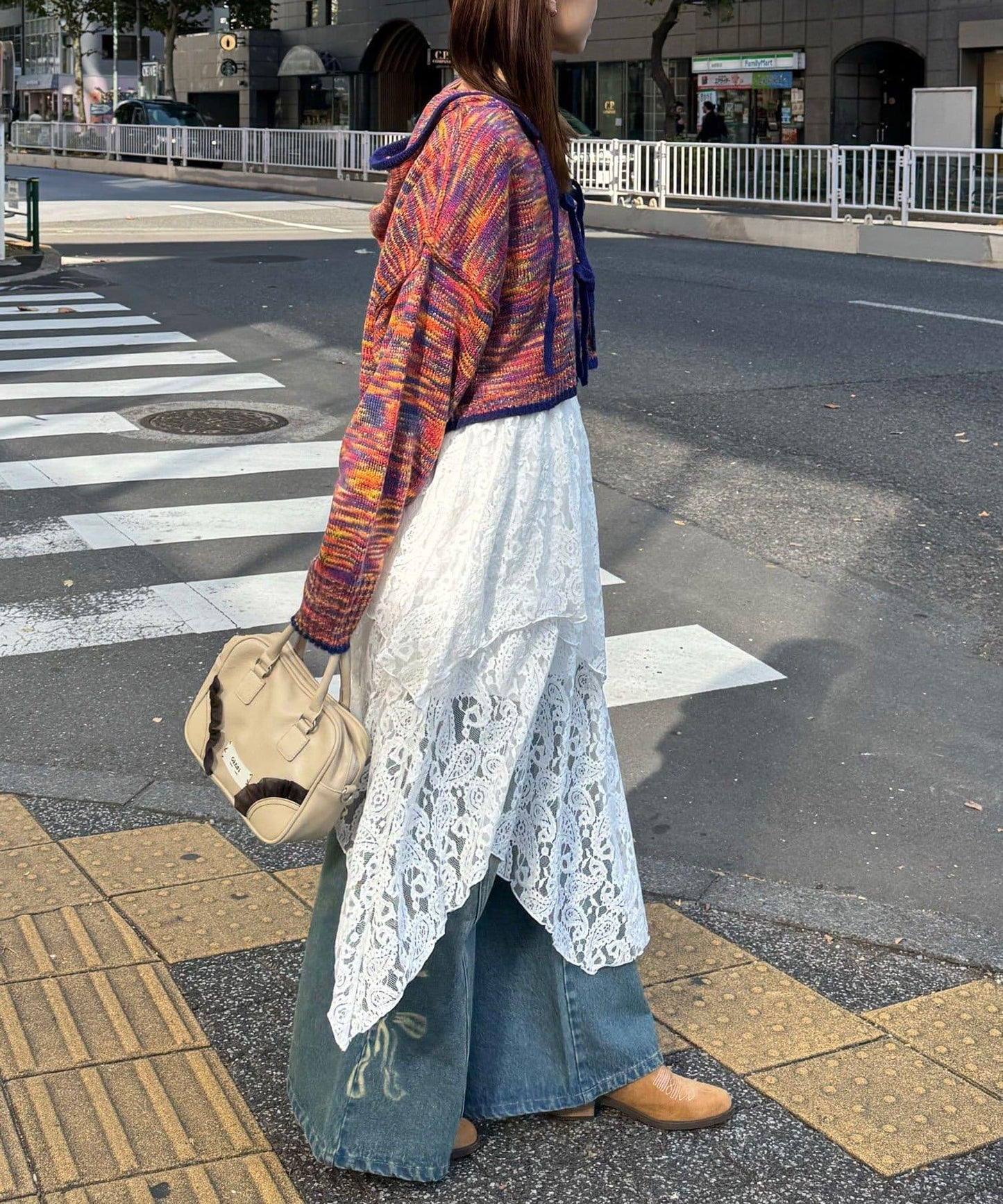 不對稱下襬混合圖案中長裙