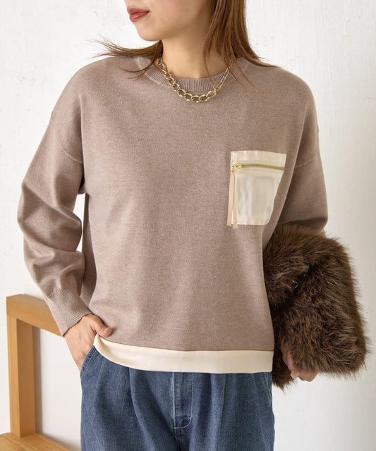口袋拼色緞面針織衫