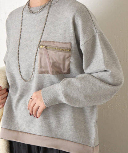 口袋拼色緞面針織衫