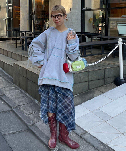 不對稱下襬混合圖案中長裙