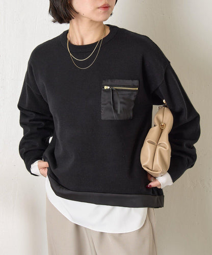 口袋拼色緞面針織衫