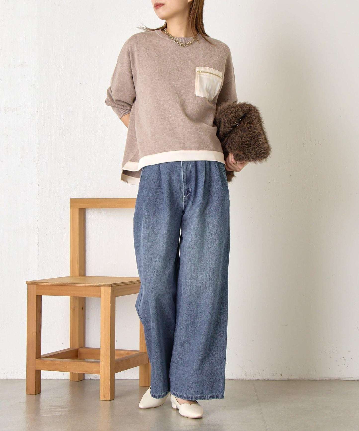 口袋拼色緞面針織衫