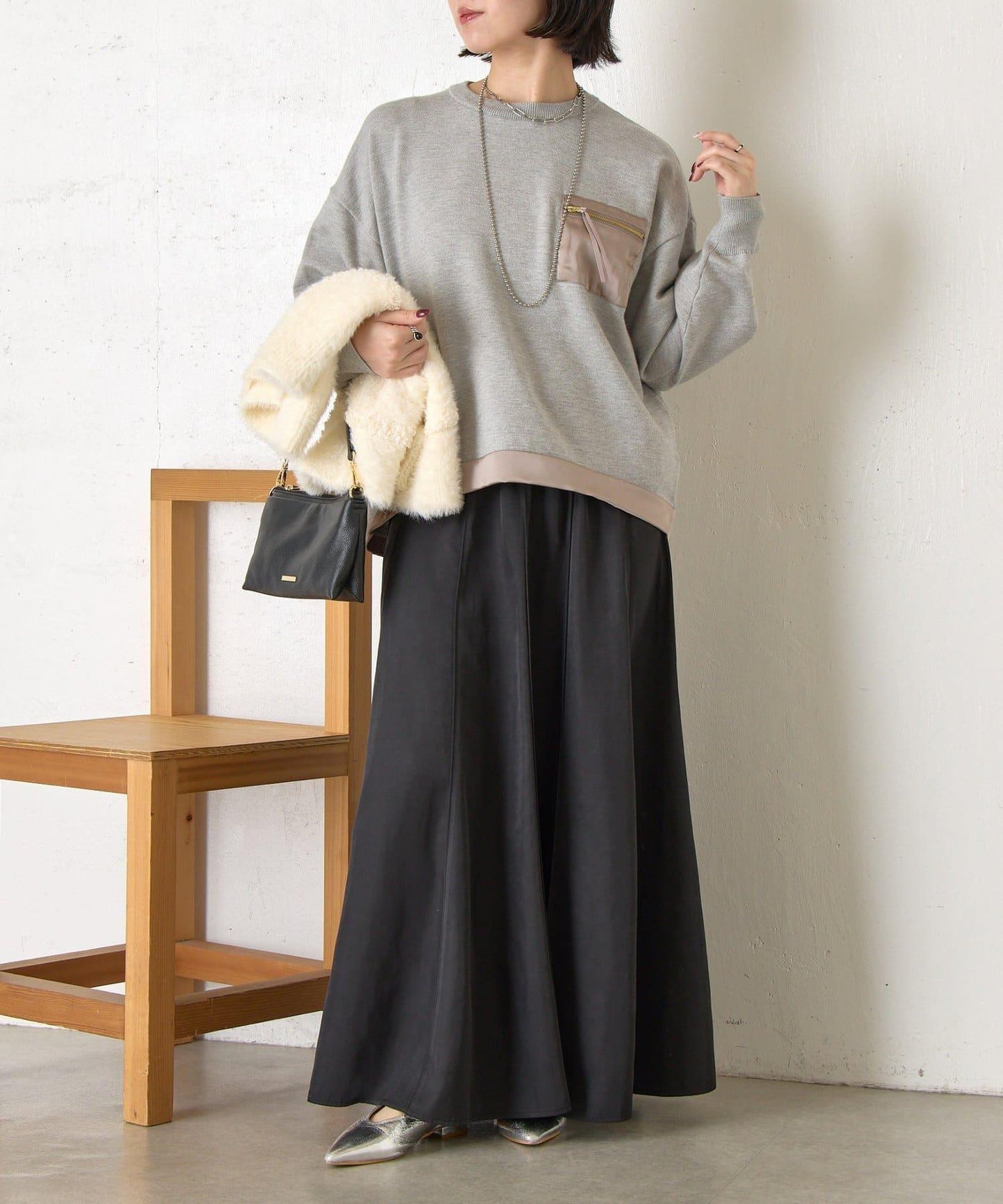 口袋拼色緞面針織衫