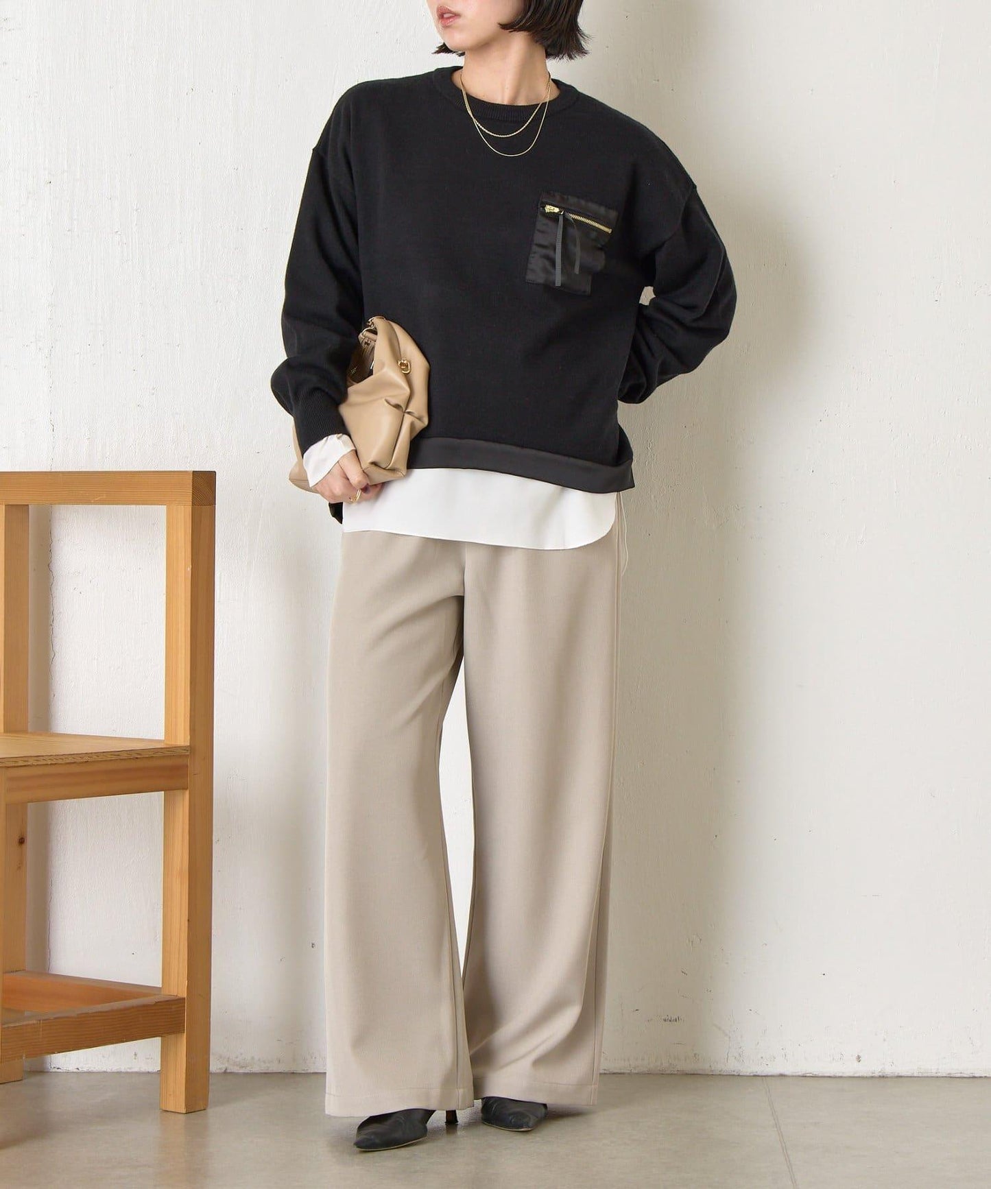 口袋拼色緞面針織衫