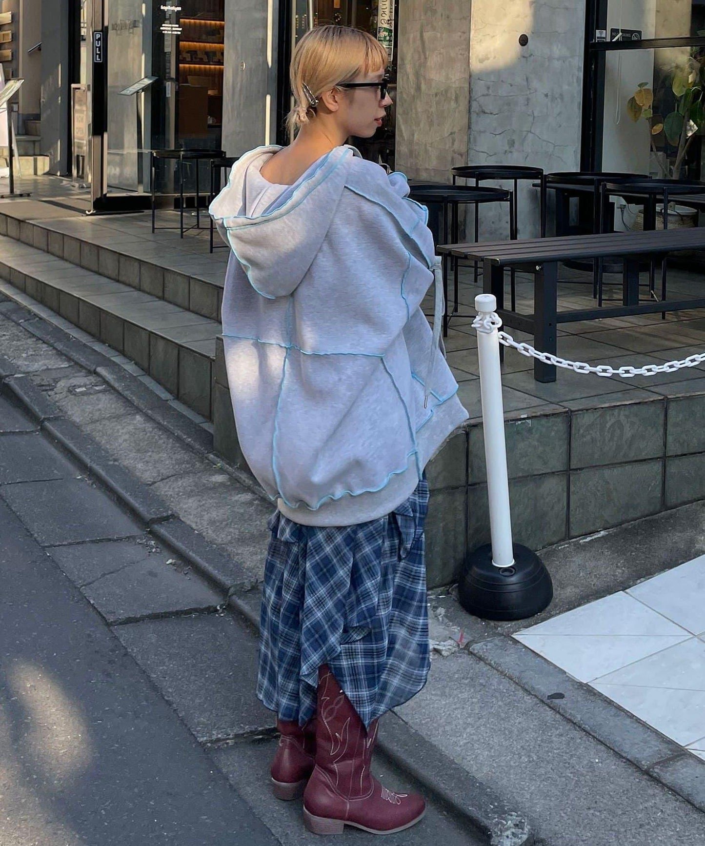 不對稱下襬混合圖案中長裙