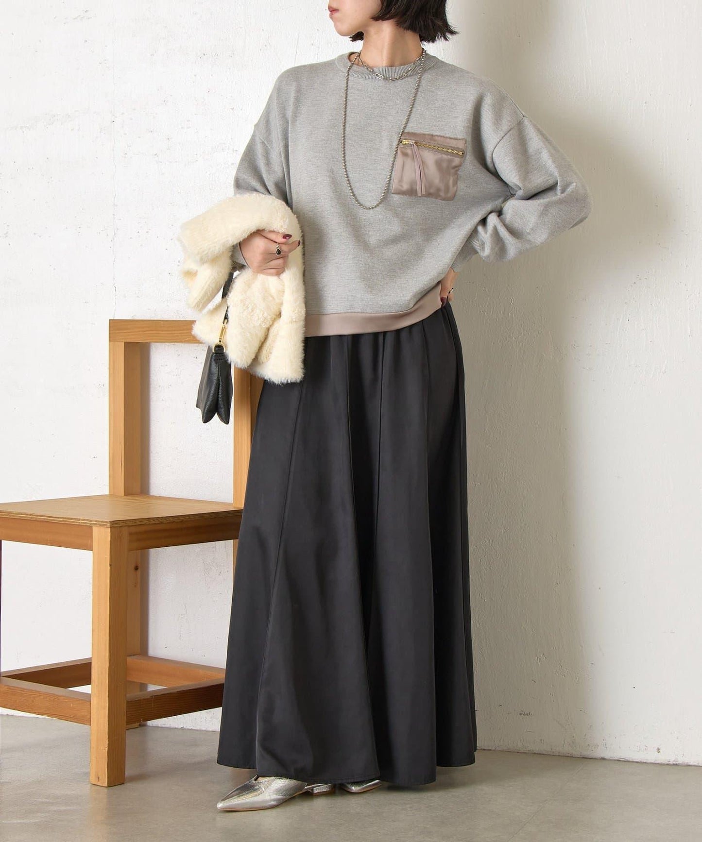 口袋拼色緞面針織衫