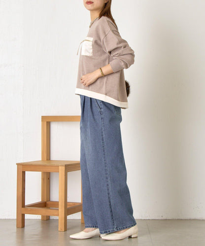 口袋拼色緞面針織衫