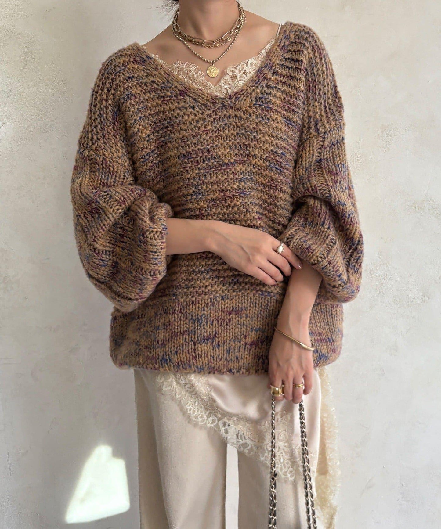 混紡紗線V領套頭衫