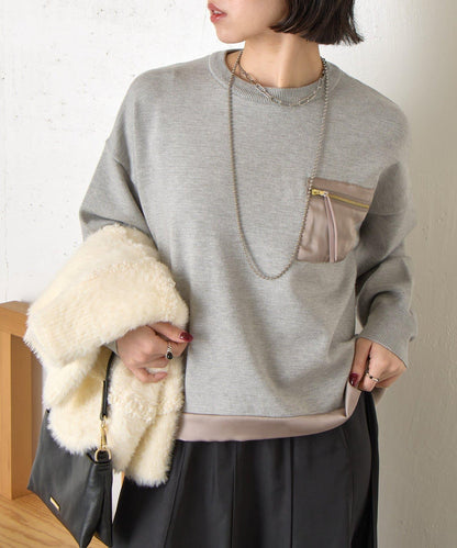 口袋拼色緞面針織衫