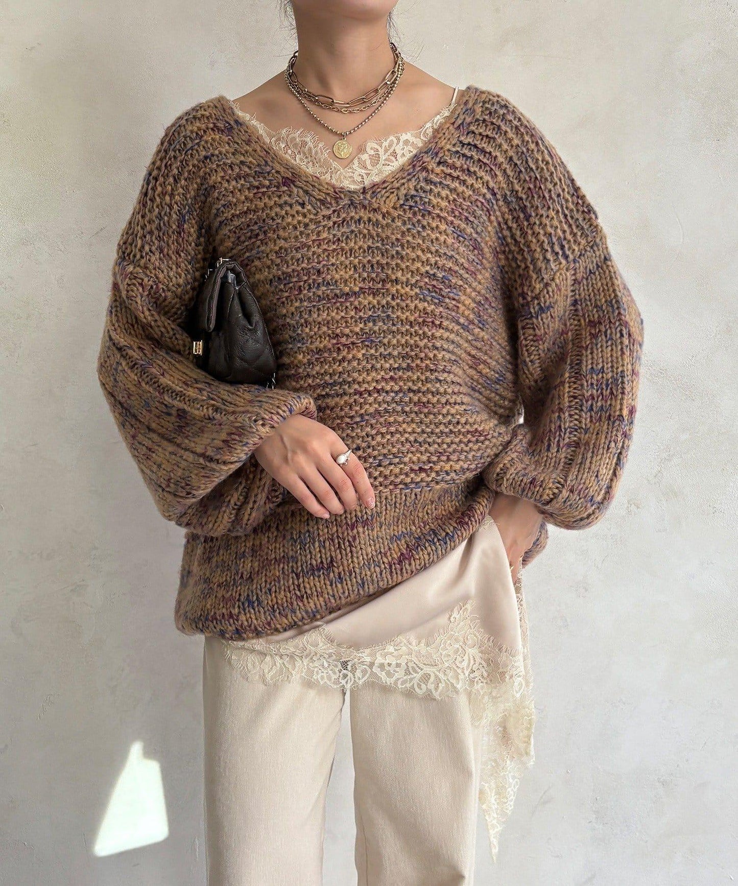 混紡紗線V領套頭衫