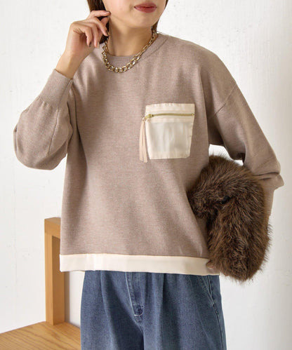 口袋拼色緞面針織衫