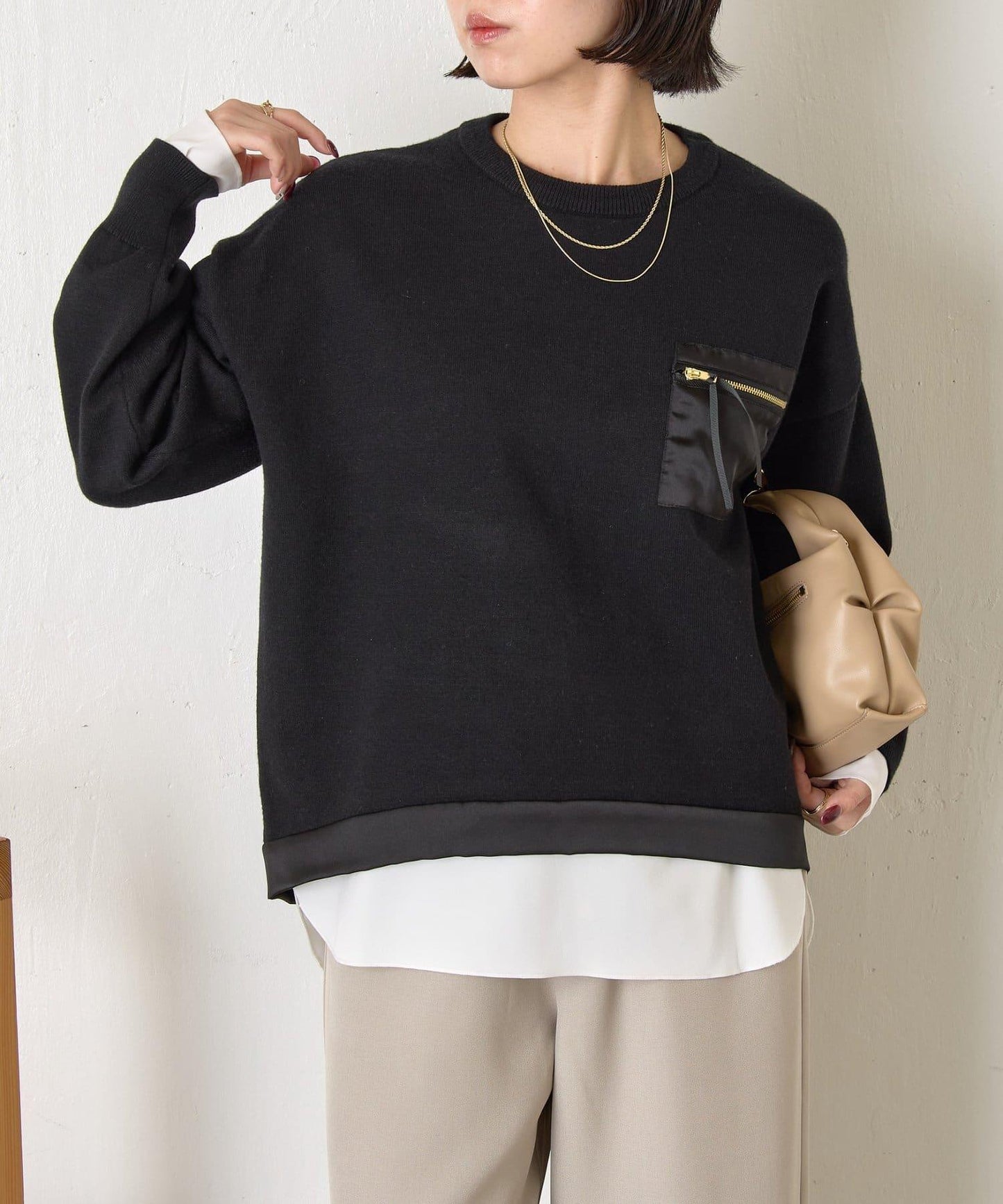 口袋拼色緞面針織衫