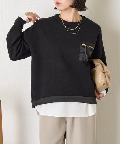 口袋拼色緞面針織衫