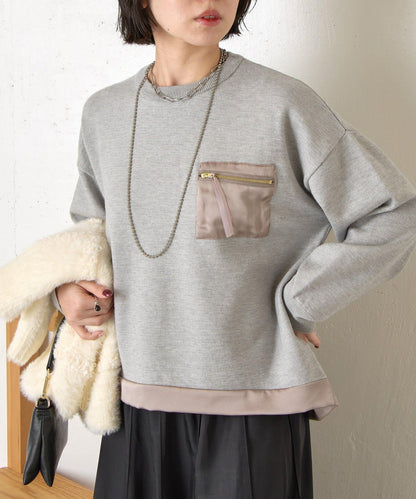 口袋拼色緞面針織衫