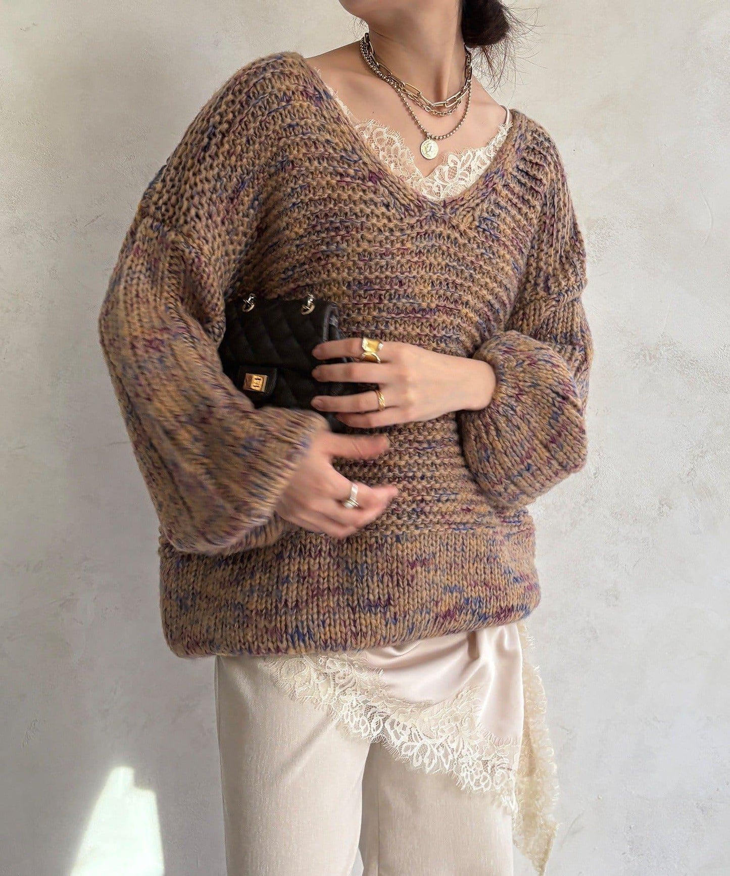 混紡紗線V領套頭衫