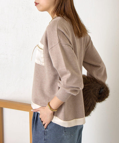 口袋拼色緞面針織衫