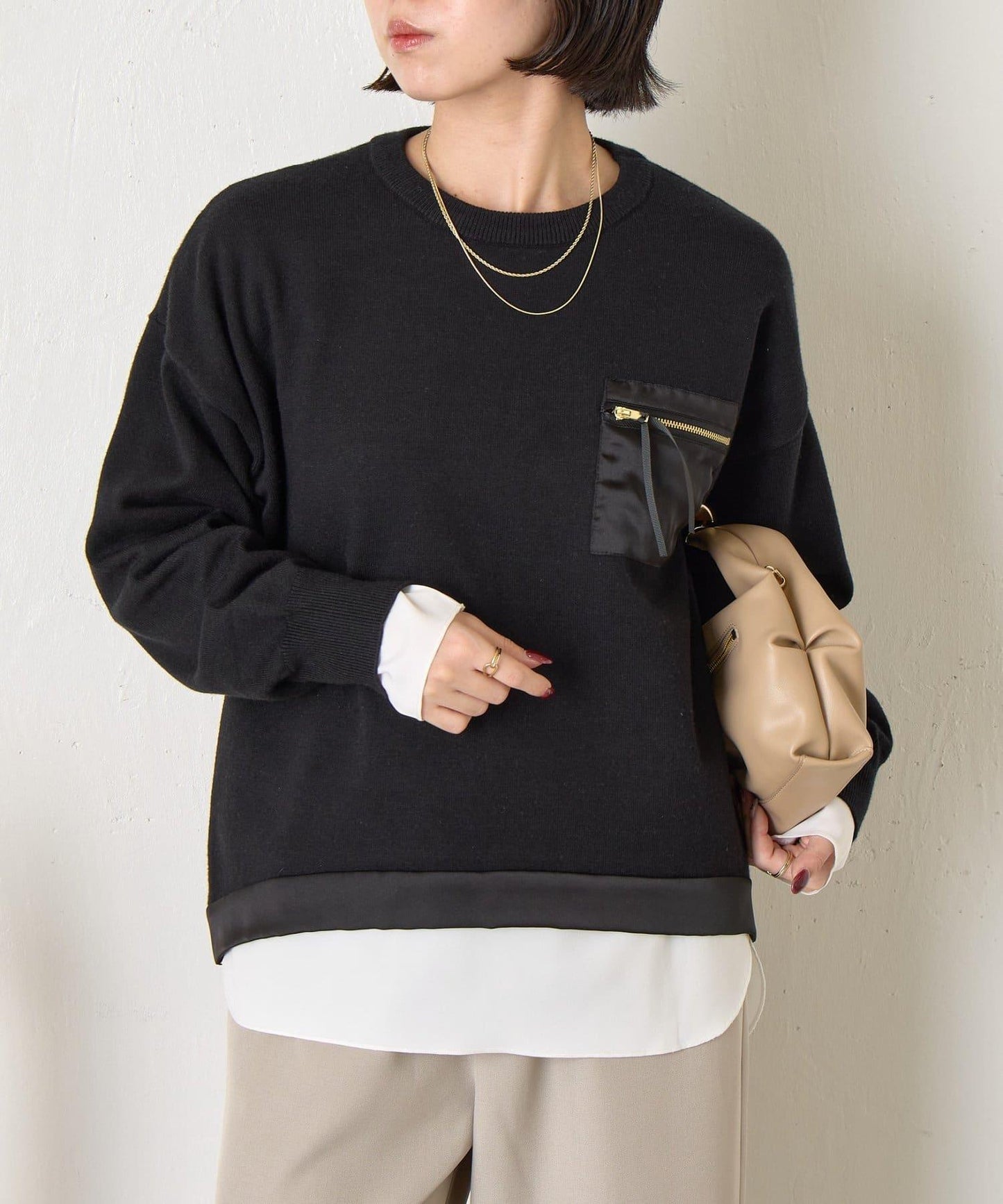 口袋拼色緞面針織衫