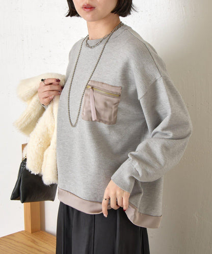 口袋拼色緞面針織衫