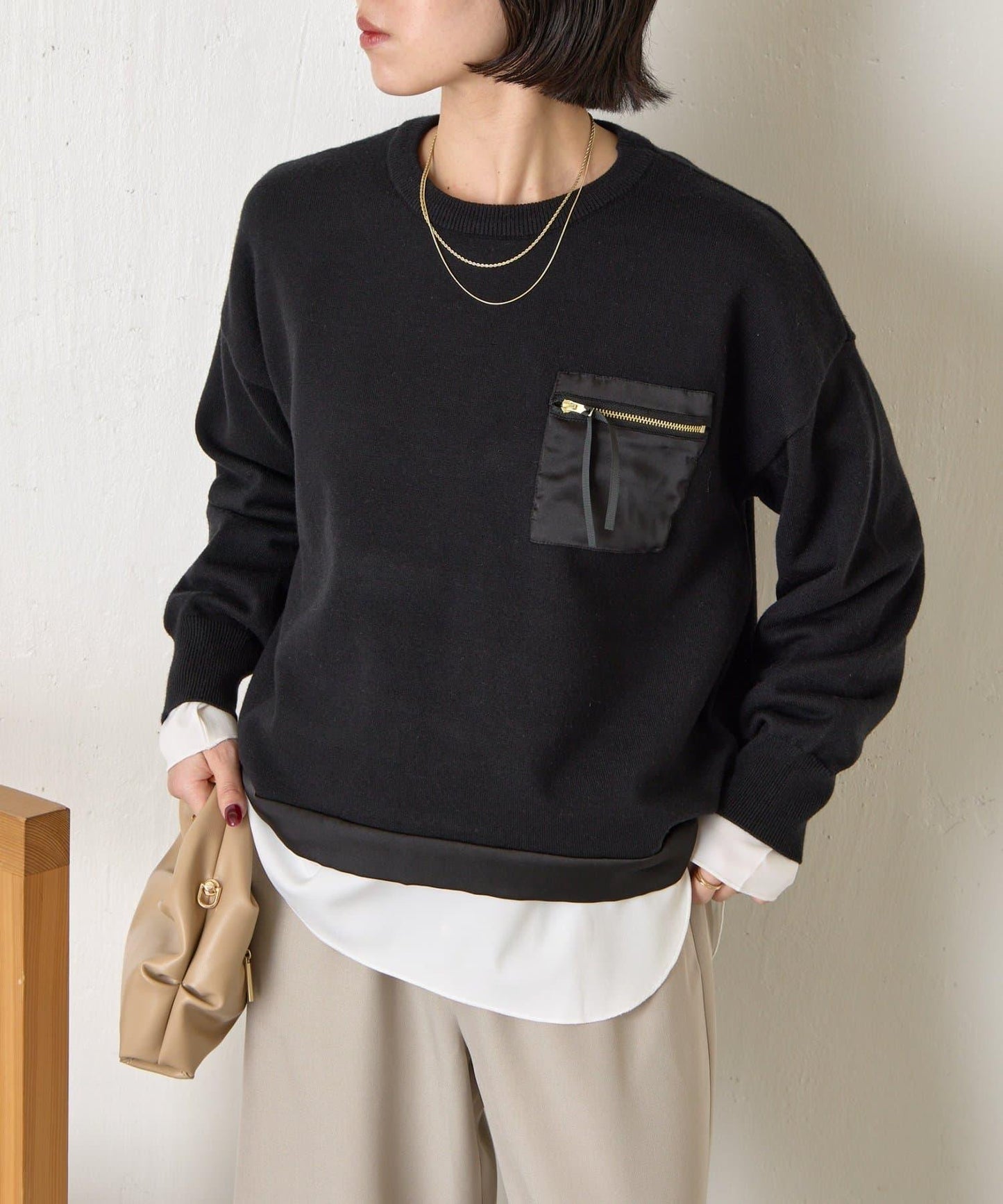 口袋拼色緞面針織衫