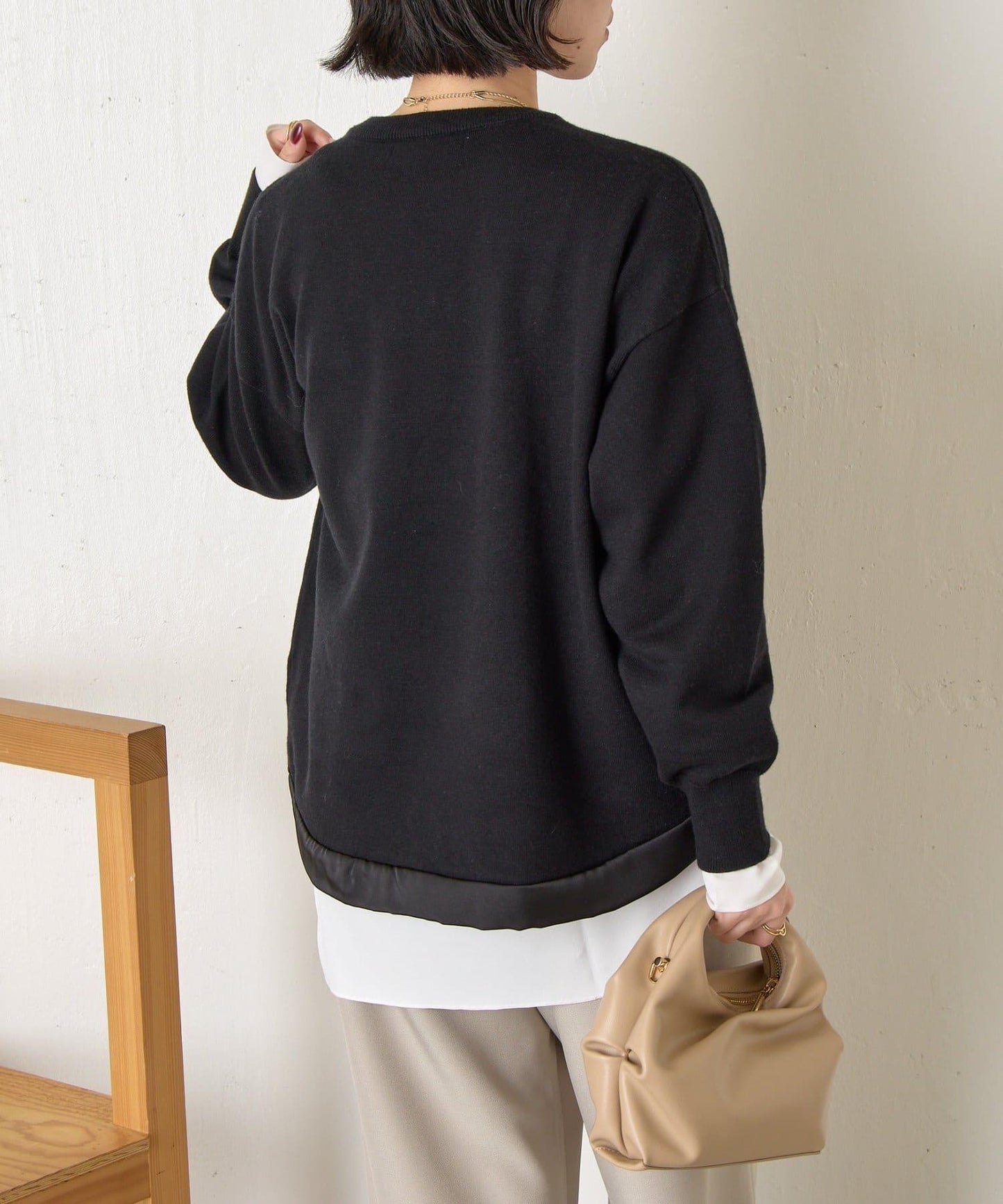 口袋拼色緞面針織衫