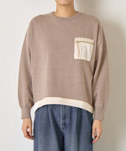 口袋拼色緞面針織衫