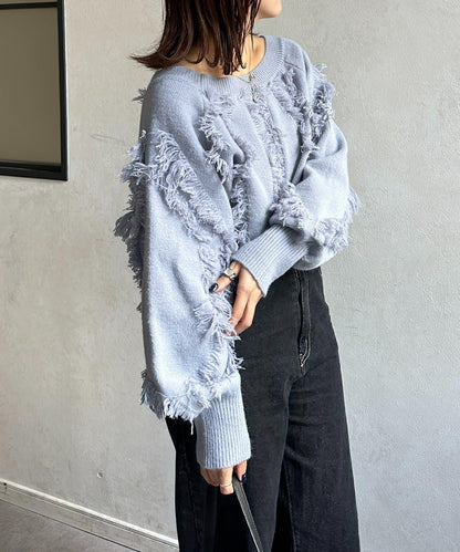 波浪流蘇短款針織衫