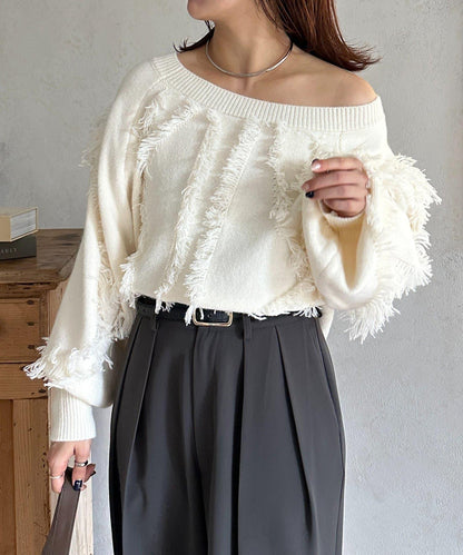 波浪流蘇短款針織衫