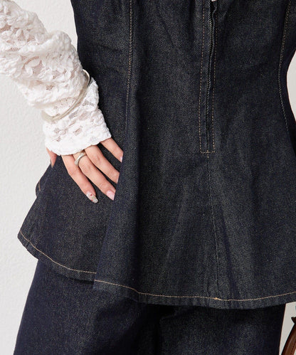 荷葉邊牛仔吊帶上衣