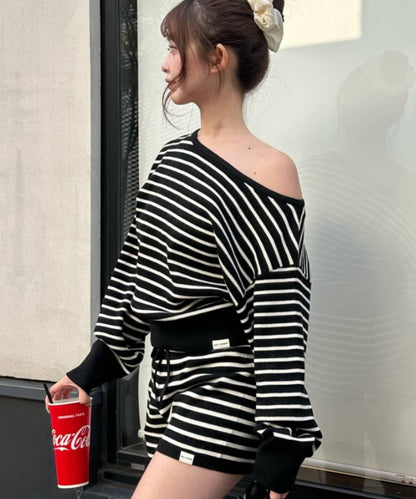 條紋單肩針織衫