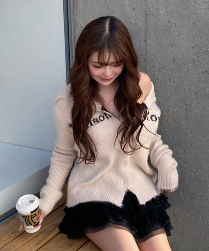 毛絨質感標誌紐扣開衫