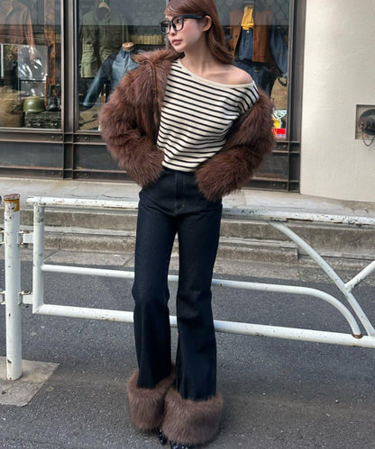 條紋單肩針織衫