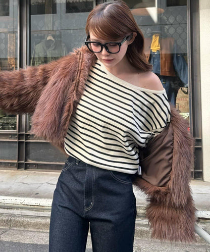 條紋單肩針織衫