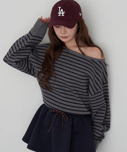 條紋單肩針織衫